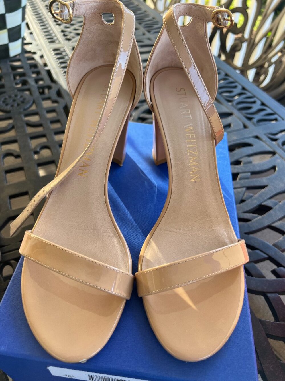 Stuart Weitzman Adobe Nearly Nude Patent Leather Sandals Heels 9.5B 40